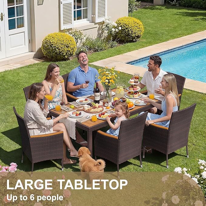 Devoko Dining 7 PCS Furniture, Patio Conversation Set with Acacia Wood Table Top, Outdoor, Beige Cushion and Brown Rattan