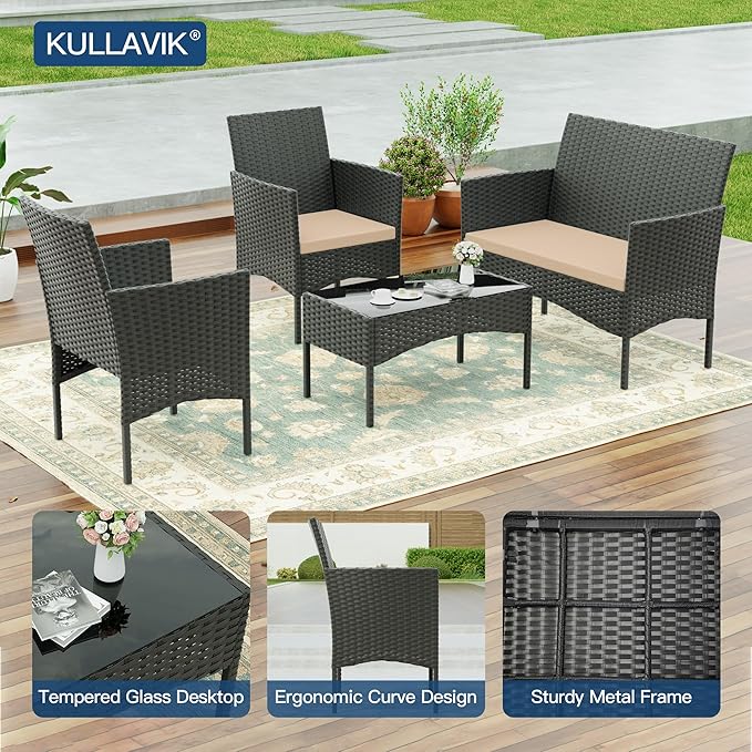 Kullavik 4 Pieces Outdoor Patio Furniture Set,PE Wicker Rattan Chairs Garden Conversation Sets with Tempered Glass Table and Soft Cushions for Lawn,Pool or Backyard,Sand