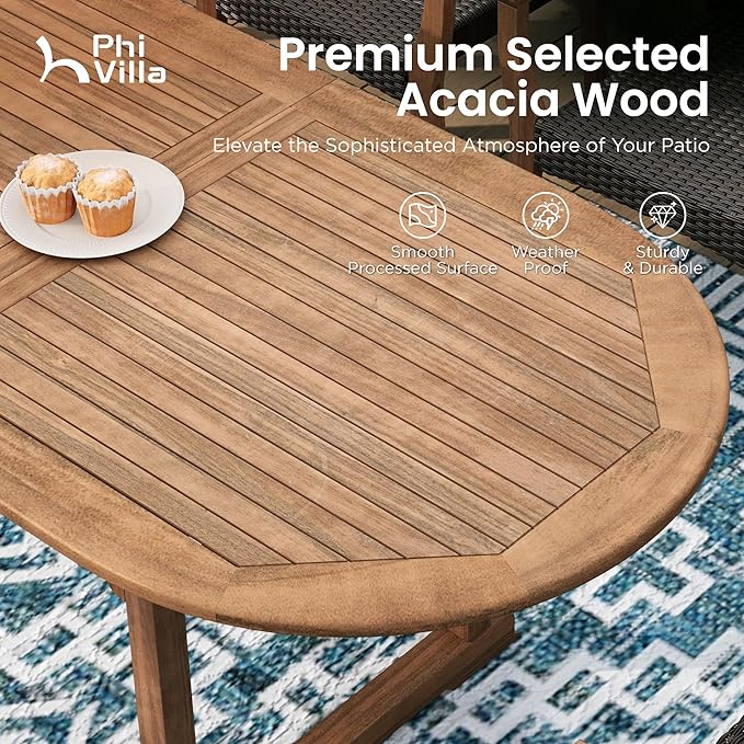 PHI VILLA Outdoor Acacia Wood Expandable Table for 6-8, Extendable Wooden Dining Table with Slat Design, Large Rectangular Farmhouse Dining Furniture for Patio, Deck, Porch, Backyard