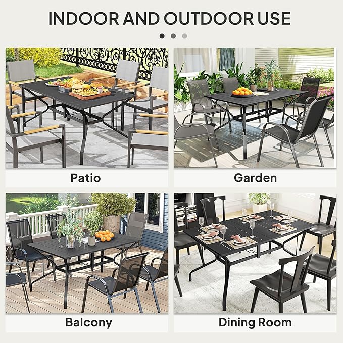 Outsunny Rectangle Outdoor Dining Table for 6 People, Steel Rectangular Patio Table with Umbrella Hole, Steel Frame for Garden, Balcony, Black