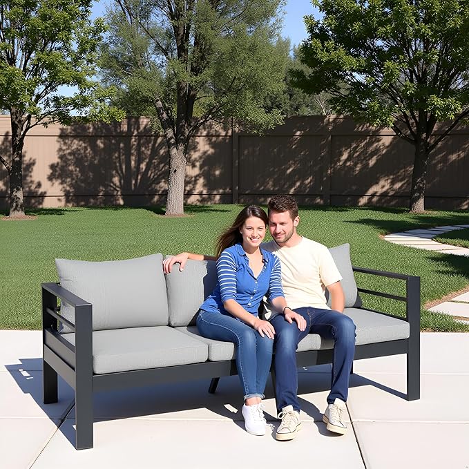 3-Seater All-Weather Iron Patio Sofa with Cushions - Heavy-Duty Metal Outdoor Sectional Couch for Garden, Poolside & Backyard (Modern Rust-Resistant Design)
