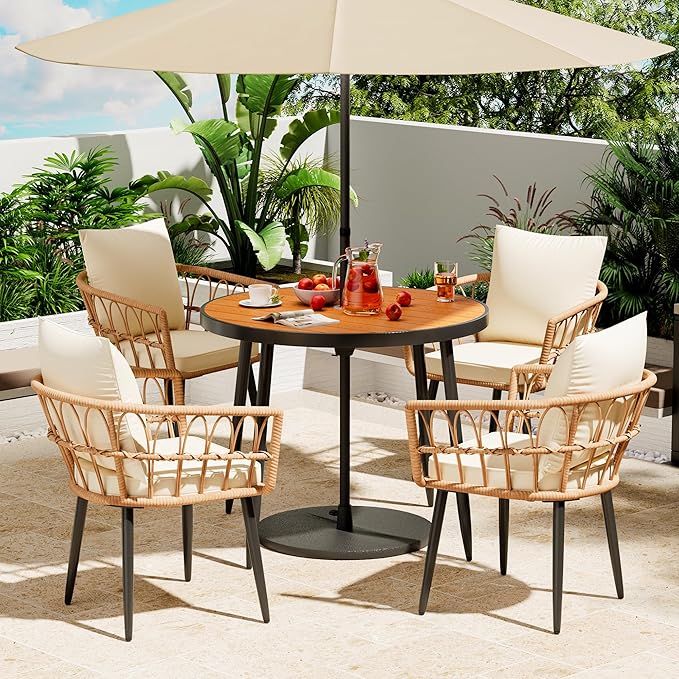 Pamapic 5-Pieces Patio Dining Set with Wood Table Top, All-Weather PE Rattan Patio Furniture Set, Outdoor Dining Furniture with Removable Cushion Chairs & Round Table for Garden Lawn Patio,Cream