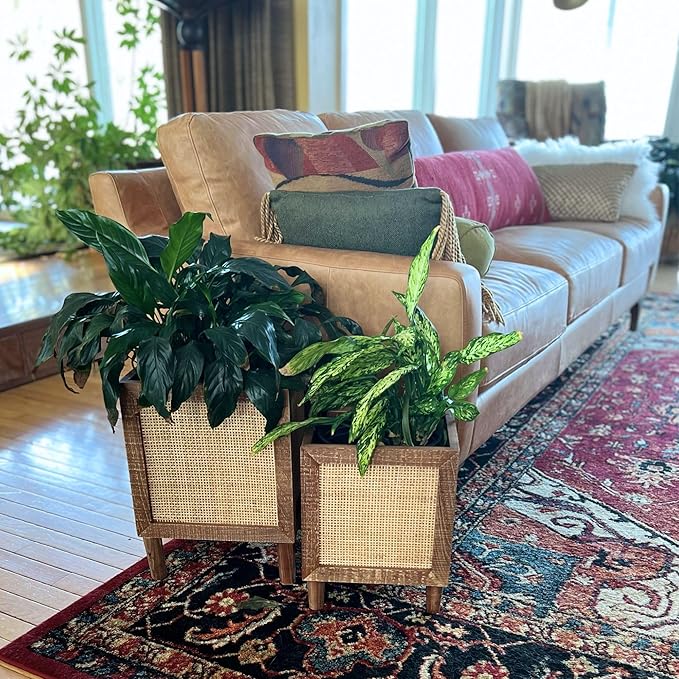 Autumn Alley Rustic Boho Large Indoor Planter - Rattan Planter Boxes Outdoor Set of 2 – Wooden Indoor or Outdoor Plant Box Stands – Decorative Square Woven Rattan Flower Pots for Home & Office