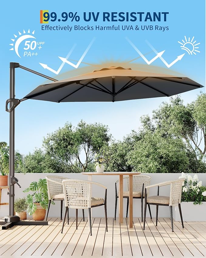 GarveeLife 10 ft Patio Umbrella Outdoor Large Cantilever Umbrella Market Sun Shade Windproof Offset Umbrella with 360-Degree Rotation for Garden Deck Pool Patio, Grey