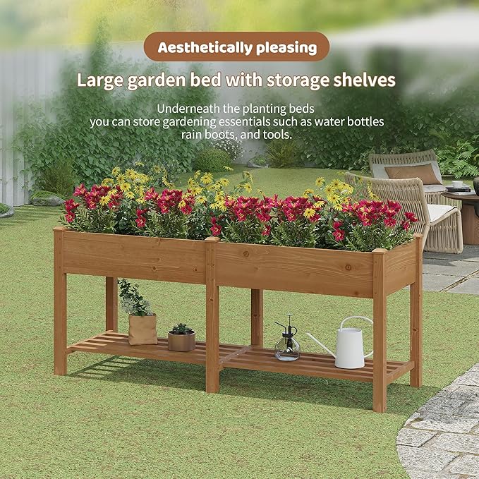 FILWH Raised Garden Bed with Legs Elevated Wooden Planter Box Stand Large Planter Stand Box for Fruits Vegetables Flowers with Divider with Bag- 72 * 24 * 30.5IN（Brown）