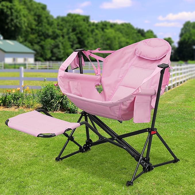 Ainfox Hammock Camping Chair with Footrest, Foldable Rocking Chairs for Adults Outside Swinging Camp with Cup Holder Pillow for Outdoor Patio Garden (Pink)