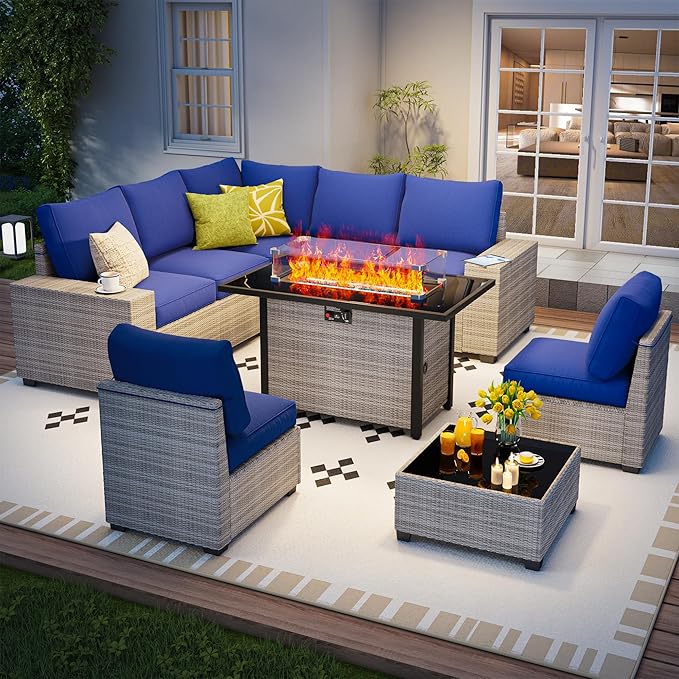 9 Piece Outdoor Patio Furniture Set with 43'' Fire Pit Table, Outdoor Sectional Furniture, Rattan & Wicker Modern Modular Conversation Set Sofa Couch W/Water Resistant Washable Thick Cushions, Blue