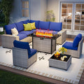 9 Piece Outdoor Patio Furniture Set with 43'' Fire Pit Table, Outdoor Sectional Furniture, Rattan & Wicker Modern Modular Conversation Set Sofa Couch W/Water Resistant Washable Thick Cushions, Blue