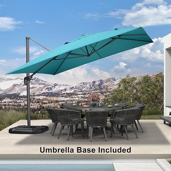 PURPLE LEAF 11.5' X 11.5' Telescopic Patio Umbrella with Base Included Lifting Cantilever Offset Square Large Umbrella for Pool Outdoor Patio Deck Garden Turquiose