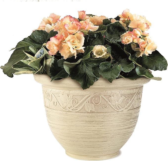The HC Companies 16 Inch Decorative Round Planter - Lightweight Premium Resin Plant Pot with a Ceramic Look for Indoor Outdoor Use, Champagne White