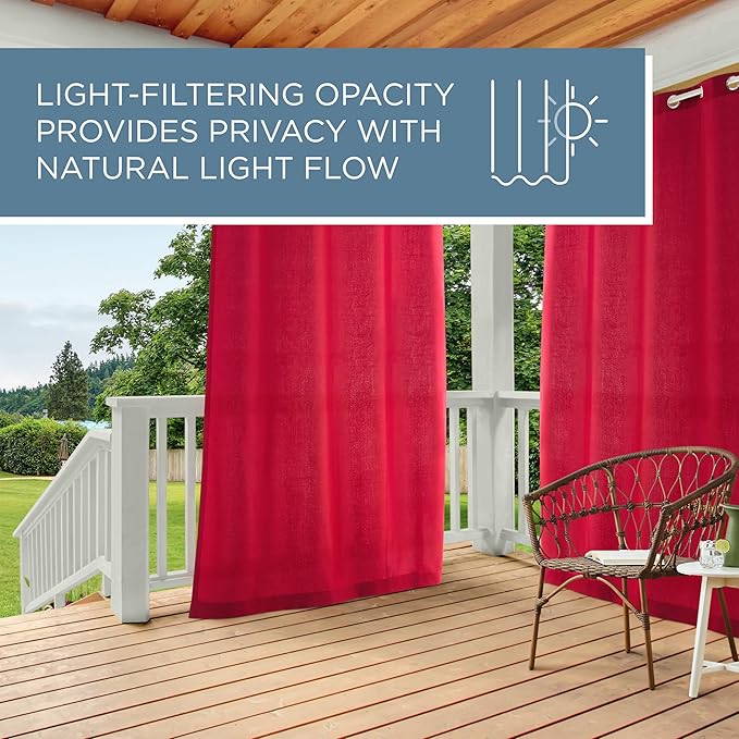 TOWN & COUNTRY BASICS Cabana Solid Heavyweight Indoor Outdoor Curtains, Light Filtering Opacity with Grommet Top, Water Repellent, 2-Pack Set, 54"x108", Radiant Red