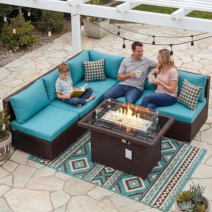 NICESOUL 6 Piece L-Shaped Patio Furniture Set with Fire Pit Table Natural Gas/Propane, 29.3'' High-Back Deep Wide Seat Outdoor Conversations, XL Big Fireplace Couches, Brown Rattan and Teal Cushion