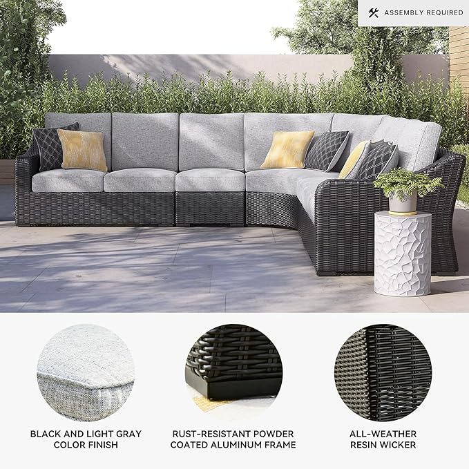 Signature Design by Ashley Beachcroft Curved Modern 5-Piece Outdoor Sectional with Cushion and 6 Throw Pillows, Light Gray