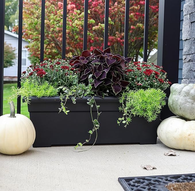 The HC Companies 28 Inch Romana Planter Box with Drainage Plug, Lightweight UV-Resistant Plastic Outdoor Planters, 1-Pack Flower Box for Garden, Patio, Balcony, and Fence, Black