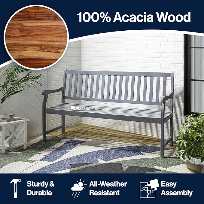 JONATHAN Y BNH101B Laurel 59.1" 3-Seat Slat-Back 600-Lbs Support Acacia Wood Outdoor Garden Patio Bench for Garden, Lawn, Backyard, Pool, Deck, Beach, Firepit, Gray