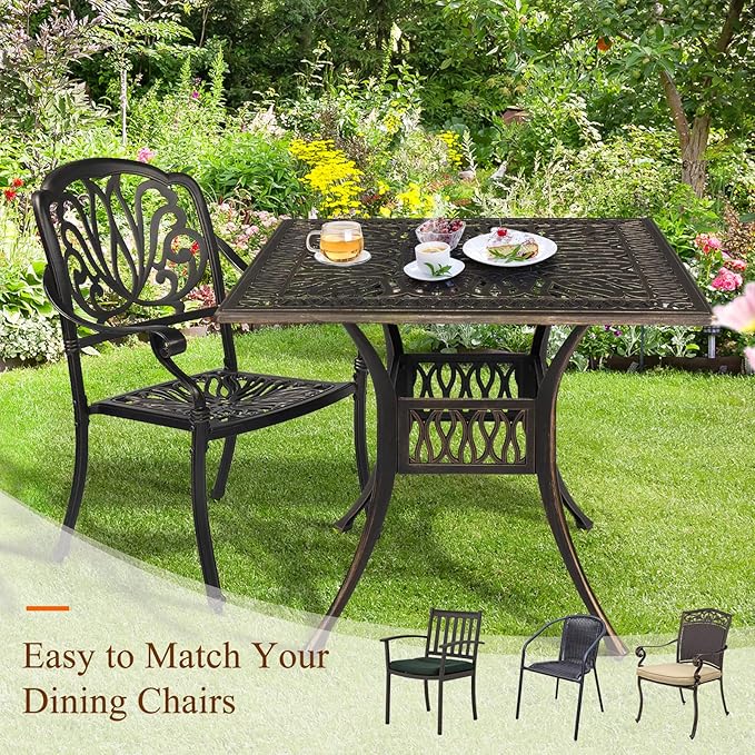 VINGLI Patio Dining Table with Umbrella Hole, Cast Aluminum Outdoor Bistro Furniture for Garden (35.4" Lx35.4 Wx29.5 H)