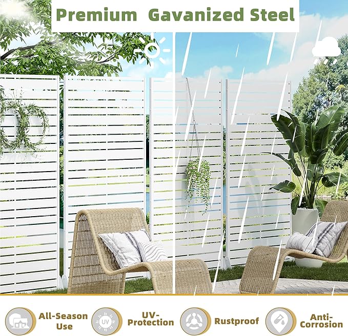 Casaphoria Metal Privacy Screen Outdoor, 72" H x 35" W Freestanding Decorative Privacy Screen for Patio Deck Balcony Garden with Stable Base, White-Louvered