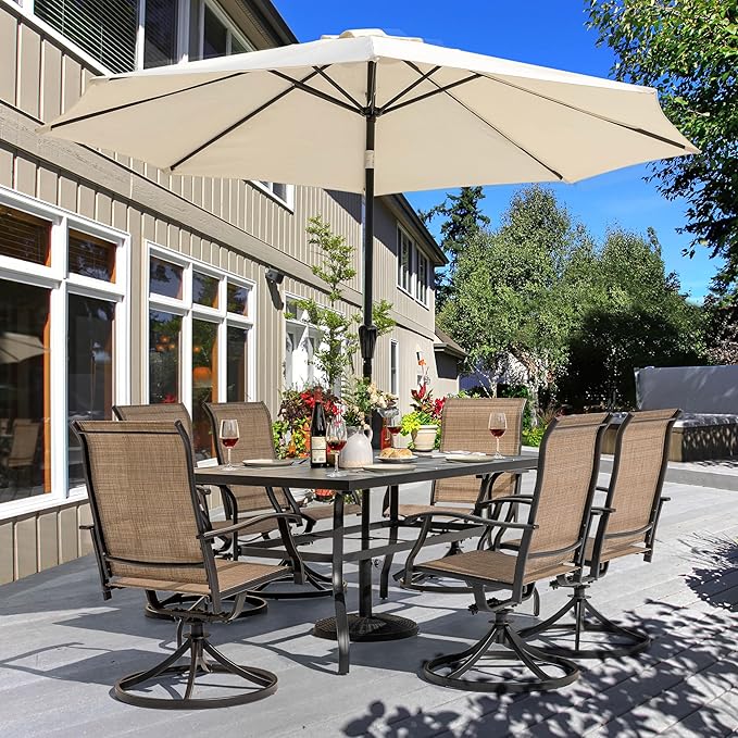 NUU GARDEN 7 Piece Outdoor Dining Set, 6 Swivel Patio Chairs and 1 Dining Table with 1.57 Inch Umbrella Hole, Iron Patio Furniture Set for Lawn Backyard Balcony, Black and Brown