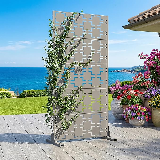 Casaphoria Metal Privacy Screen Outdoor, 60" H x 30" W Freestanding Decorative Privacy Screen for Patio Deck Balcony Garden with Stable Base, Grey-Square