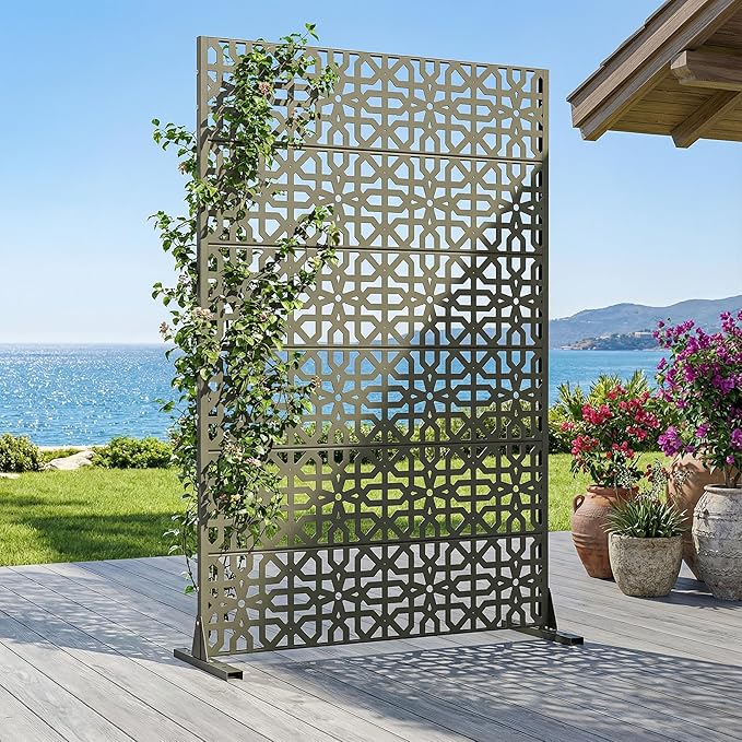 Casaphoria Metal Privacy Screen Outdoor, 72" H x 47" W Freestanding Decorative Privacy Screen for Patio Deck Balcony Garden with Stable Base, Green-Perilla