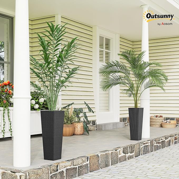 Outsunny 23.6 Inch Tall Planters for Outdoor Plants, Set of 2 Plastic Rattan-Like Flower Pots with Drainage Holes, Stackable Tapered Planters for Indoor Plants, Front Porch, Black