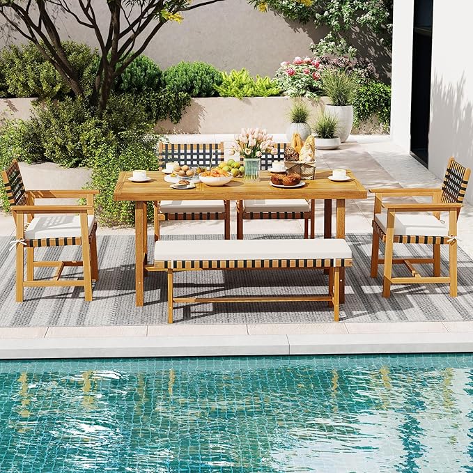 Tangkula 6 Piece Patio Dining Set for 5-6 People, 63” Outdoor Acacia Wood Table with 1.97” Umbrella Hole & Bench & 4 Cushioned Armchairs, for Deck Yard and Poolside