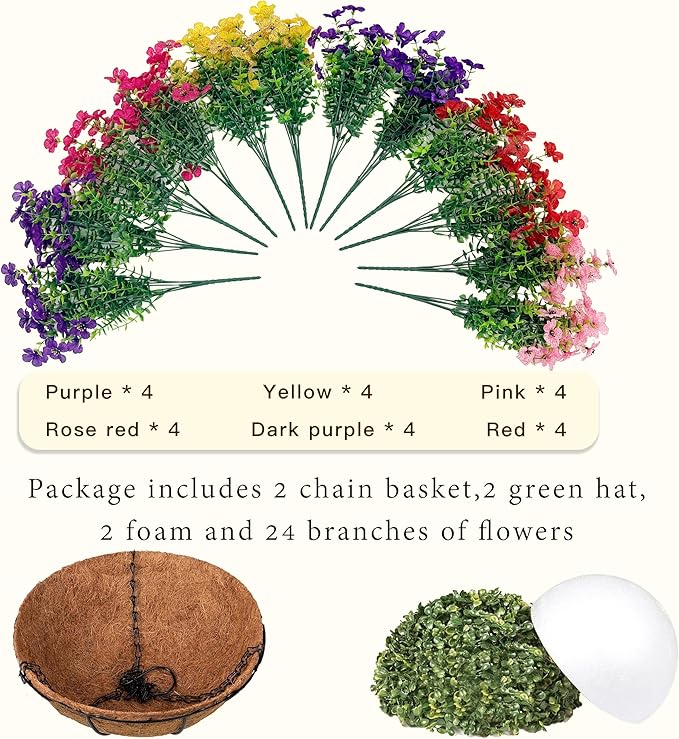 Senjie 2 Set Artificial Hanging Flowers with Basket for Outdoor Decor, UV Resistant 24 Bundles Faux Flowers Fake Hanging Planter for Porch Patio Balcony