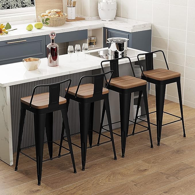 WENTMENT Metal Bar Stools Set of 4 Counter Height Barstools with Removable Back 24" Kitchen Bar Stools with Wooden Seat, Black