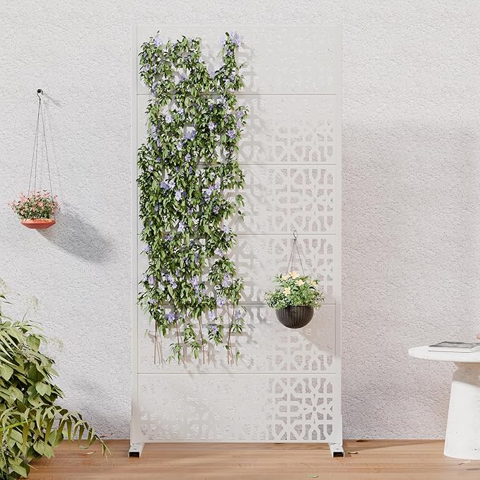 Casaphoria Metal Privacy Screen Outdoor, 72" H x 35" W Freestanding Decorative Privacy Screen for Patio Deck Balcony Garden with Stable Base, White-Perilla