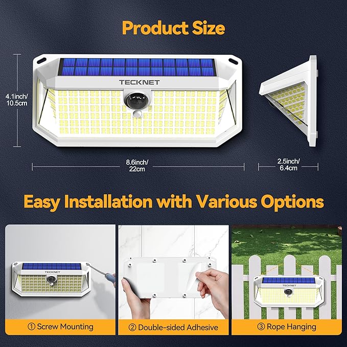 TECKNET 461 LED Solar Powered Outdoor Lights, 270° Angle & 3 Lighting Modes Motion Sensor Light Outdoor, Security Solar Lights Waterproof - 4 Pack, White, Cold Light