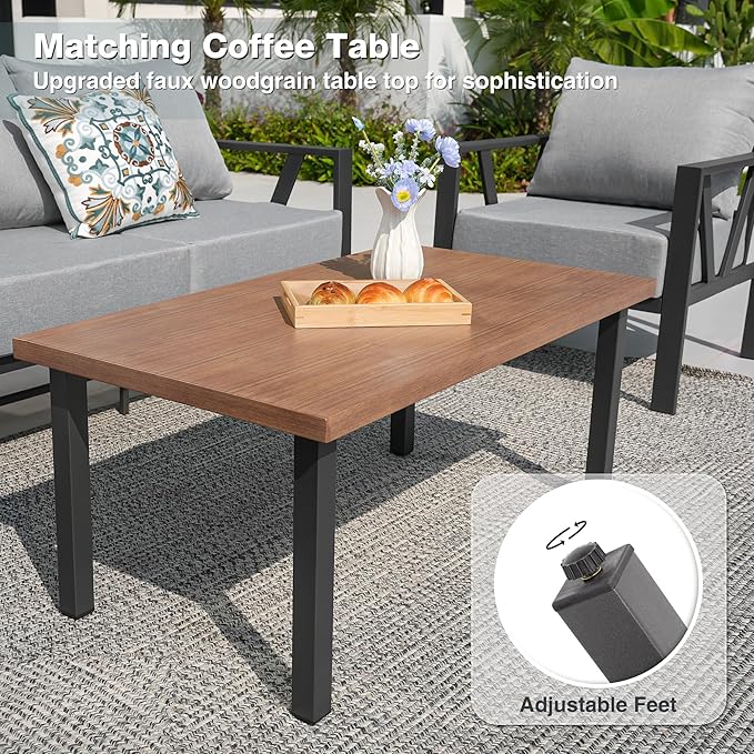 Outdoor Patio Furniture Set, 4 Pieces Metal Patio Furniture Set with Coffee Table, Modern Outdoor Patio Conversation Seating Set with 6” Thick Cushions, Light Grey