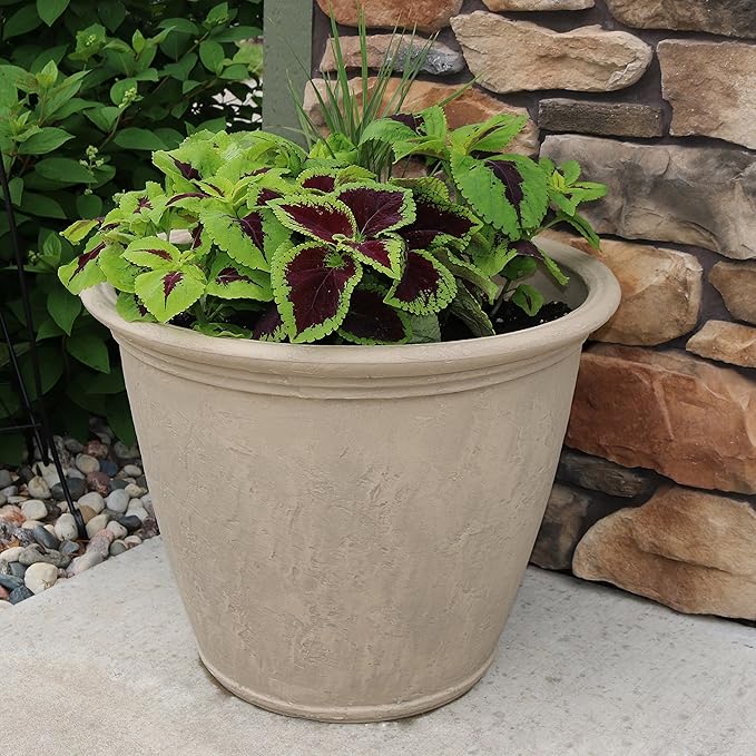 Sunnydaze 24-Inch Anjelica Large Plastic Pot for Plants - Outdoor Double-Walled Large Plastic Planter with Drillable Drainage Holes - Beige - 4pk