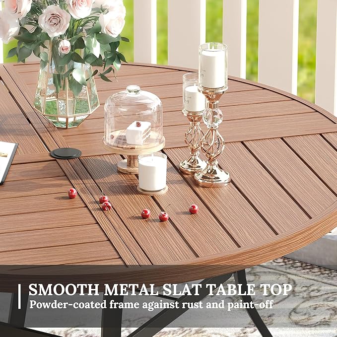 VICLLAX Round Patio Table with Adjustable Umbrella Hole for 8, All Weather Metal Outdoor Dining Table for Lawn Garden, 59.8" Outdoor Coffee Table, Walnut Wood-Like Tabletop