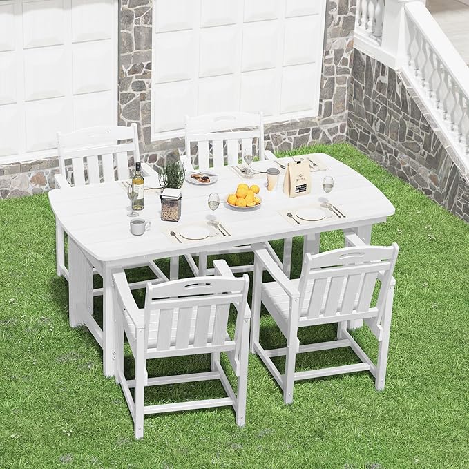 HDPE Outdoor Patio Dining Set with Table & 4 Chairs, All-Weather 5-Piece Outdoor Table and Chairs, 2" Umbrella Hole, Patio Furniture for Garden, Backyard, Deck | White