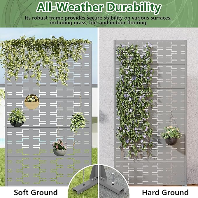 Casaphoria Metal Privacy Screen Outdoor, 72" H x 35" W Freestanding Decorative Privacy Screen for Patio Deck Balcony Garden with Stable Base, Grey-Brick