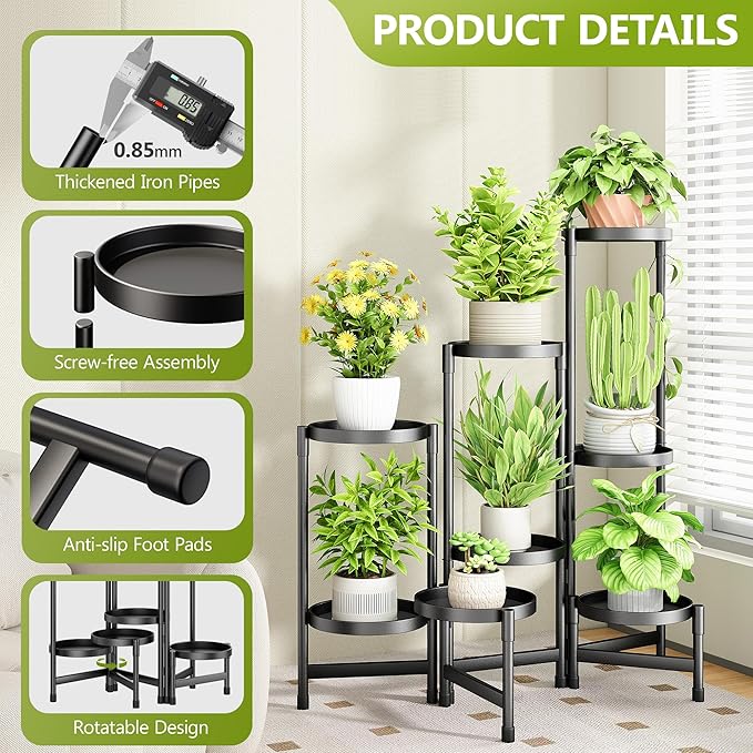 8 Tier Plant Stand Indoor, Tiered Plant Stand Outdoor for Multiple Plants, Corner Plant Shelf for Patio Balcony Porch Garden Living Room House, Black