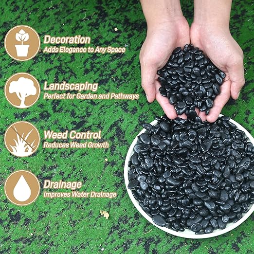45LB Polished Black Pebbles,1/4" - 3/4" Small Black River Rocks for Landscaping, Natural Gravel Smooth Decorative Stones Dressing for Vases Planters Garden Outdoor Indoor