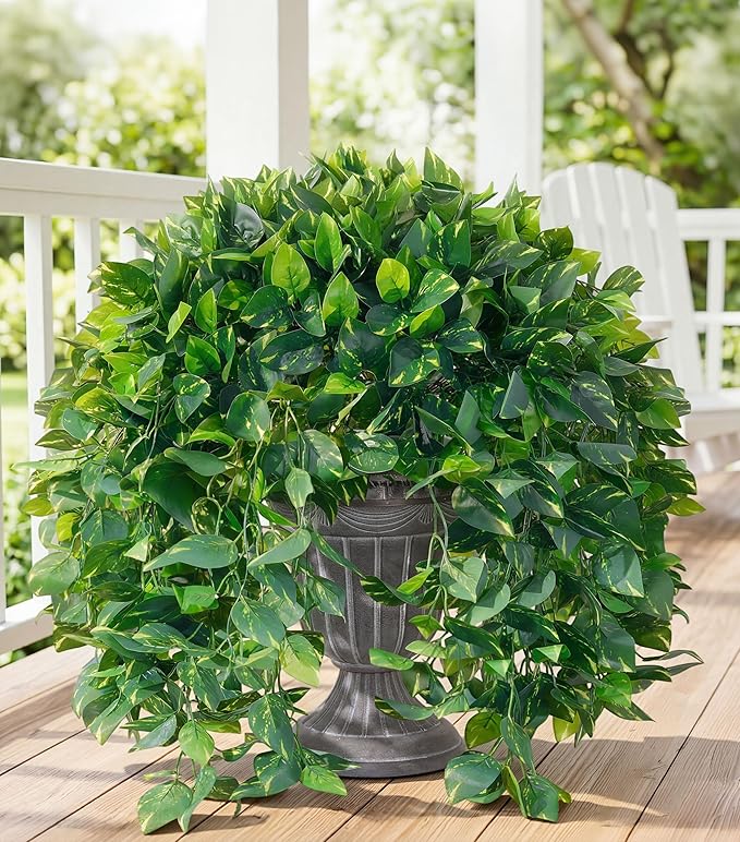 Faux Outdoor Plants Fake Hanging Plants for Outdoors Outside Decorations, 2 Pcs Green Faux Pothos Plant Vines Realistic UV Resistant Artificial Greenery for Planters Porch Garden Yard Front Door Patio