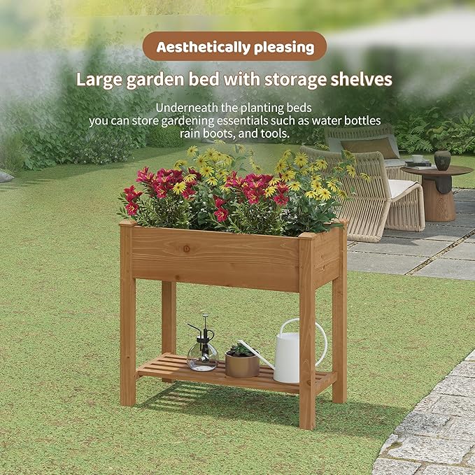 FILWH Raised Garden Bed with Legs Elevated Wooden Planter Box Stand Large Planter Stand Box for Fruits Vegetables Flowers with Divider with Bag - 34x18x30.5IN（Brown）