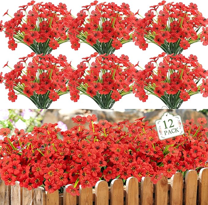 MACTING 12 Bundles Artificial Flowers for Outdoors Fake Flowers UV Resistant Faux Plastic Plants No Fade for Planters Window Patio Porch Garden Home Outside Spring Summer Decorations,Red