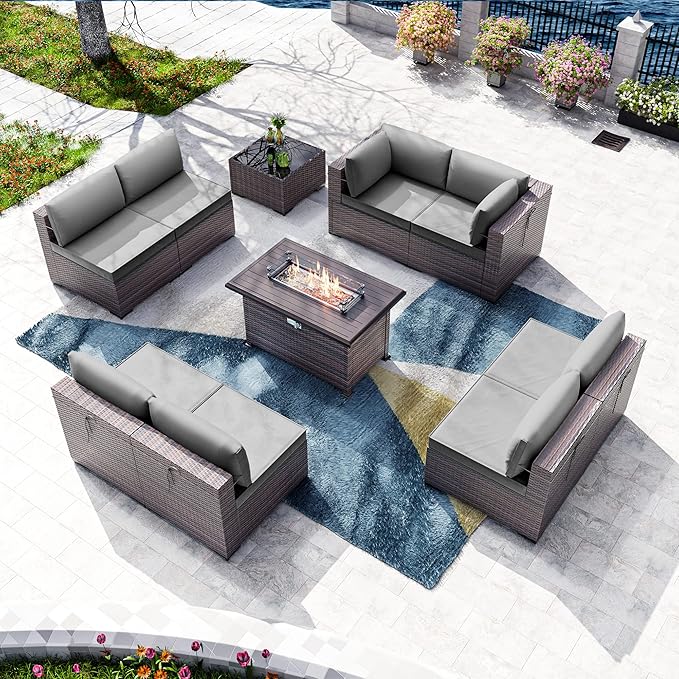 Kullavik 10 Pieces Outdoor Patio Furniture Set with 43" 55000BTU Gas Propane Fire Pit Table PE Wicker Rattan Sectional Sofa Patio Conversation Sets,Grey