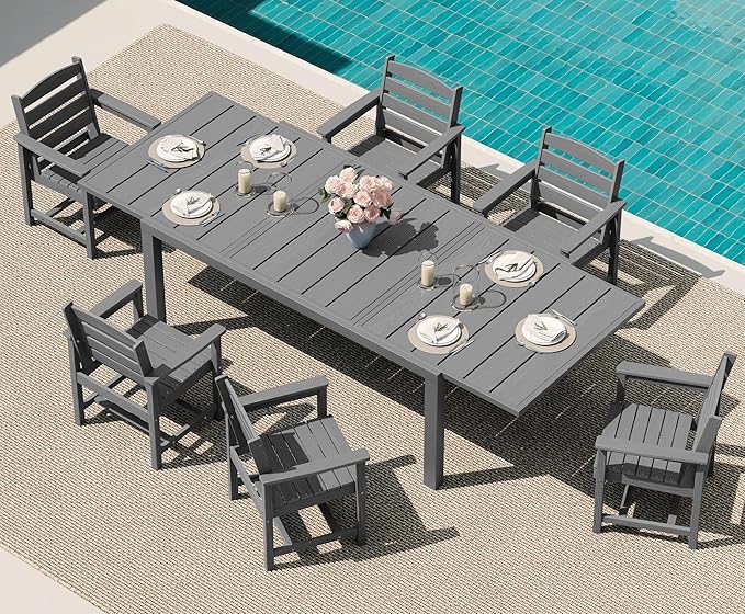 SERWALL 7-Piece Patio Dining Sets, 60" - 83" Expandable Outdoor Dining Table and 6 HDPE Chairs, All Weather HDPE Outdoor Furniture Set for Backyard, Garden, Grey