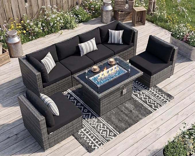 NICESOUL 7 Piece Outdoor Furniture Set with Fire Pit Table Natural Gas & Propane Convertible, 29.3'' High Back Extra Large Rattan Patio Modular Sectional Conversations, 2 Color Cushion Black & Gray