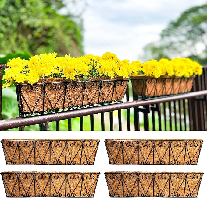 LaLaGreen Wall Hanging Planter - 4 Pack, 24 Inch Large Black Window Flower Basket Boxes Outdoor Attach House, Rectangular Deck Railing Hanging Pot with Coco Liner Over Rail Fence Balcony Patio Porch