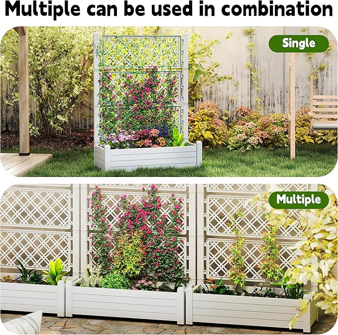 EasyUp Raised Garden Bed with Trellis for Climbing Plants, Outdoor Herb Planter Box with Drainage Plug & Water Gauge, Durable Resin for Patio, Balcony, Yard, Dust-Proof Garden Planter