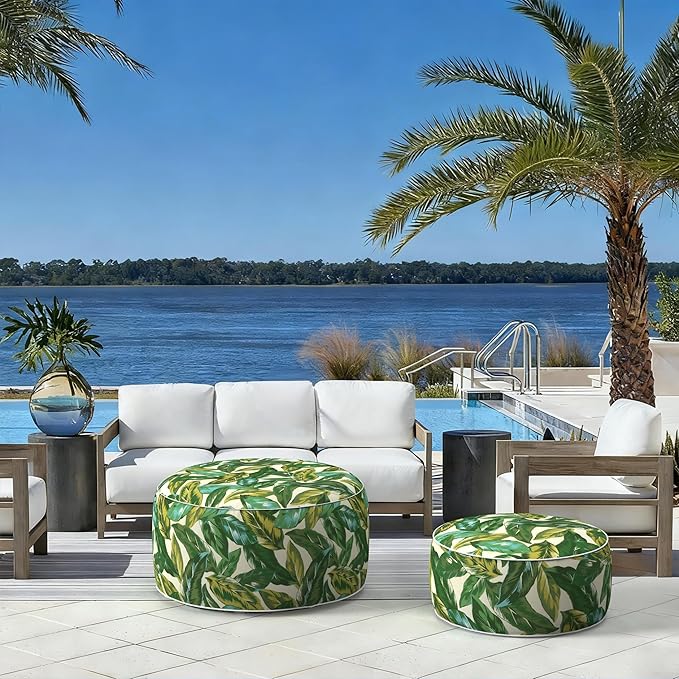 LVTXIII Indoor/Outdoor Inflatable Ottoman with Handle D21 x H9 Inch, Weather-Resistant Round Footstool Pouf for Patio Camping Living Room, Portable Footrest Extra Seating, Lush Leaf Jungle