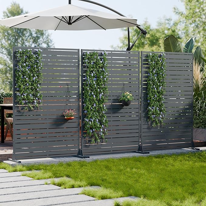 Casaphoria Metal Privacy Screen Outdoor, 72" H x 47" W Freestanding Decorative Privacy Screen for Patio Deck Balcony Garden with Stable Base, Grey-Benjamin