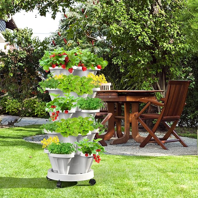 7 Tiered Strawberry Vertical Planters, 2 Pack Stacking Tower Garden with Support Pole, Stackable Herb Vegetable Planters Indoor Outdoor White