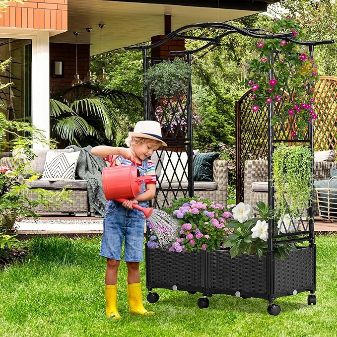 Planter Box with Trellis Outdoor, Plastic Raised Garden Bed Trellis Planter Box with Wheels and Drainage Hole for Patio Balcony Backyard Indoor Flower Vegetable Tomato, Black