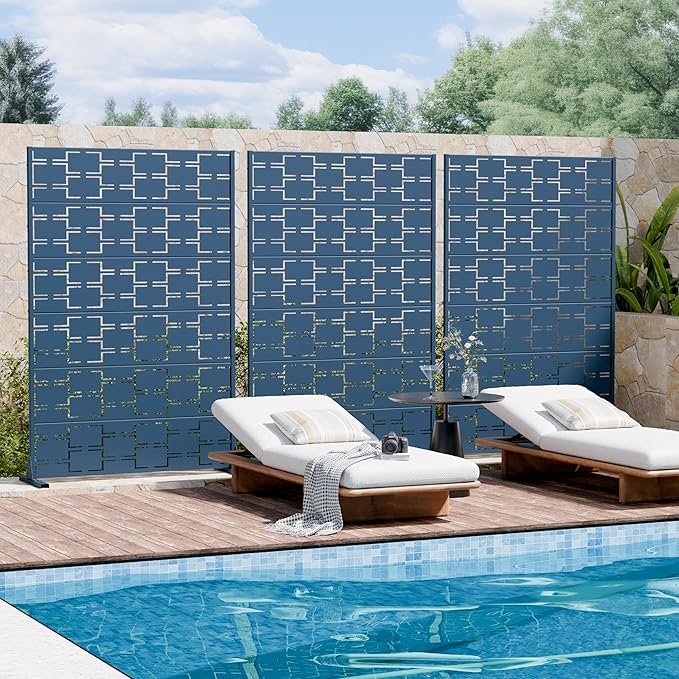 Casaphoria Metal Privacy Screen Outdoor, 72" H x 47" W Freestanding Decorative Privacy Screen for Patio Deck Balcony Garden with Stable Base, Blue-Square